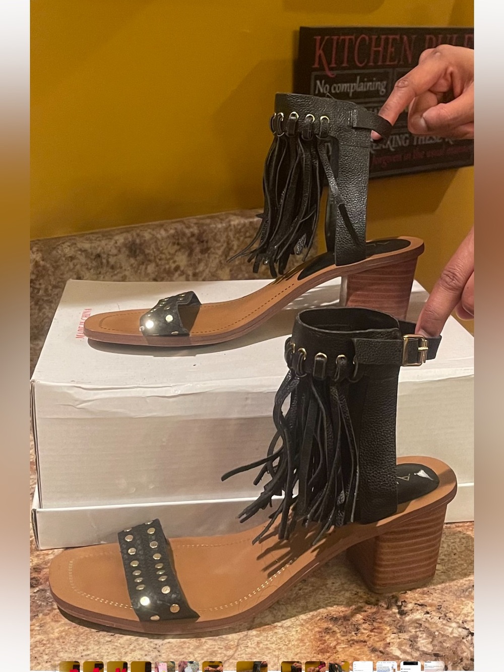 ALDO Black Fringe Block Heel Sandals with Tan Wood-Look Heel